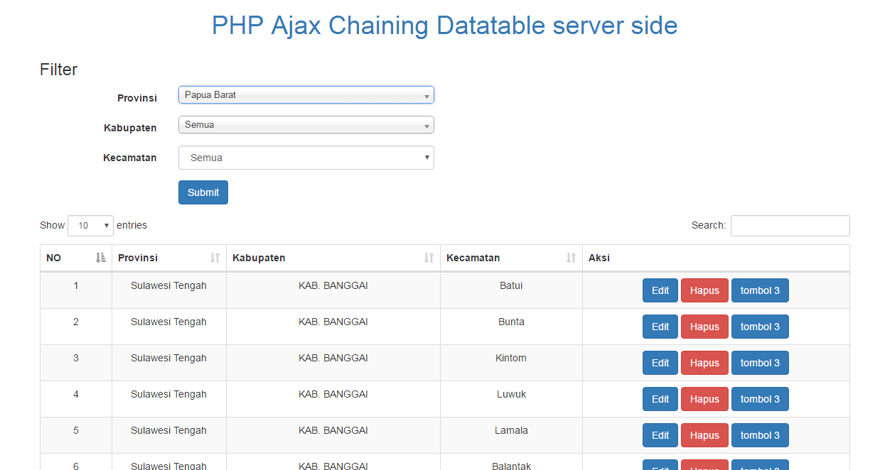 PHP Ajax Chaining Datatable server side Processing